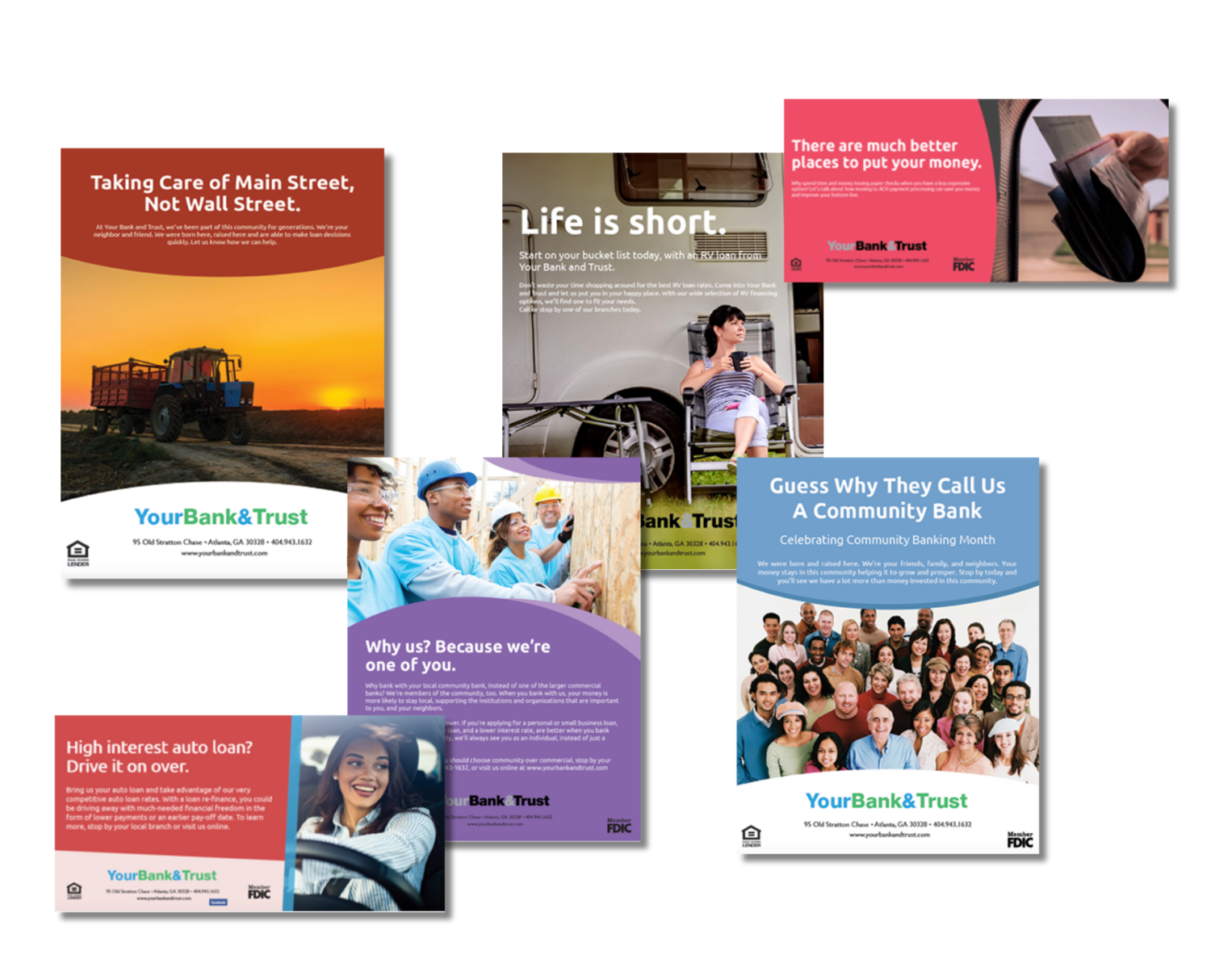Collage featuring community banking ads and flyers from Bank Marketing Center